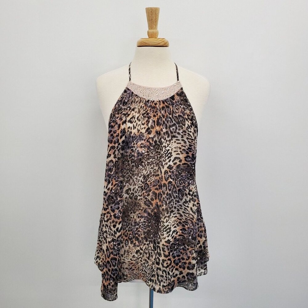 Victoria's Secret Womens Leopard Bow‎ Back Chiffon Half Slip Top Size M Sheer